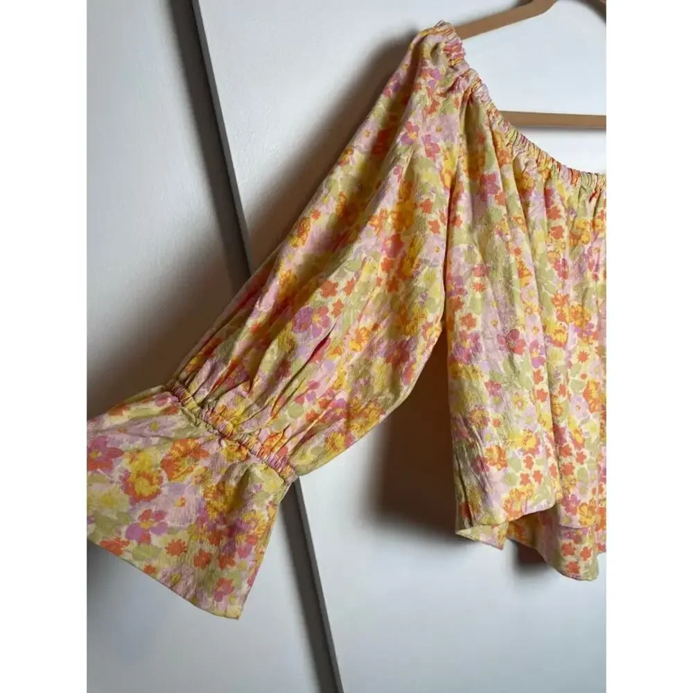 Free People Pastel Floral Off-Shoulder Button Front Top